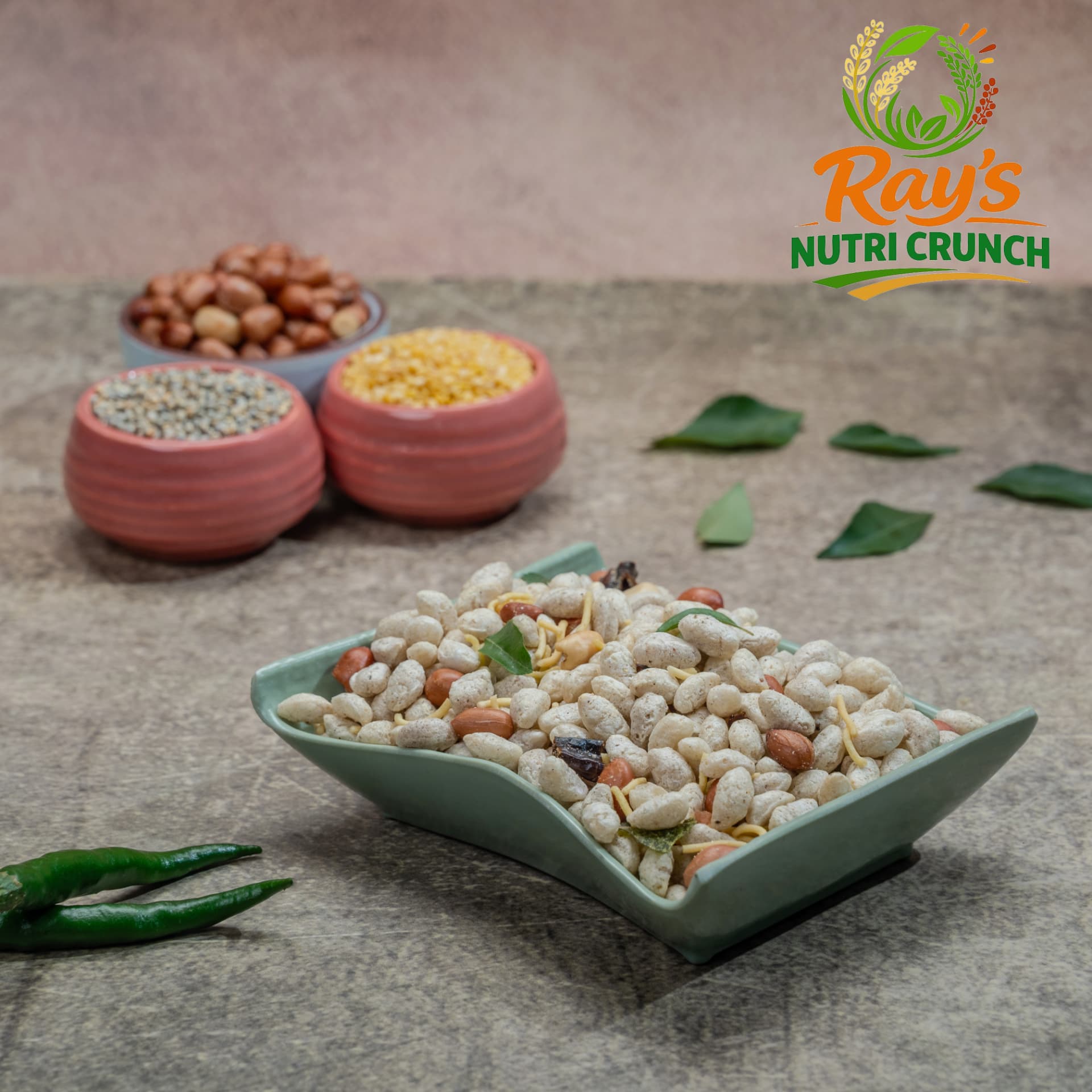Millet chivda served in a green dish with peanuts and millets