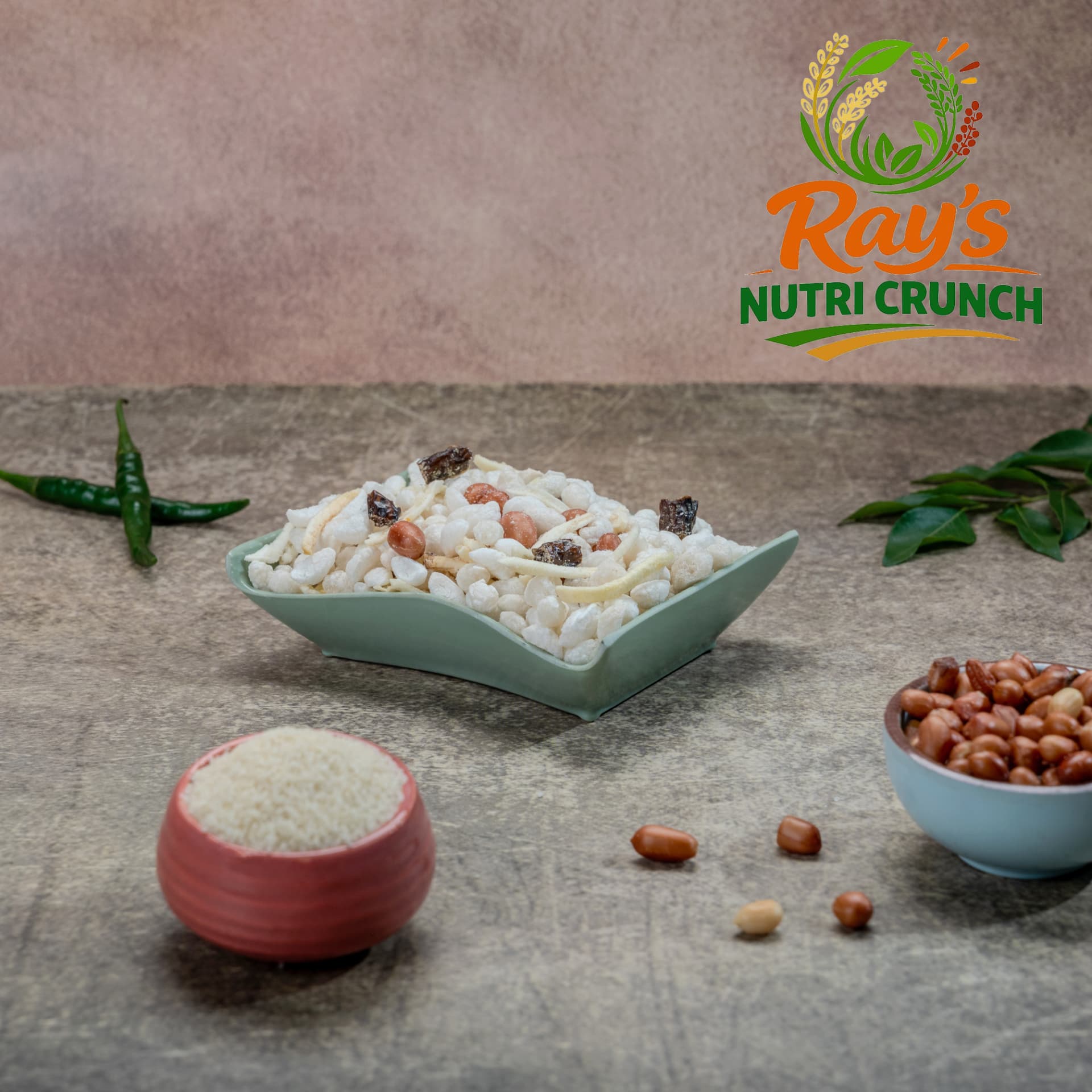 Puffed rice millet mix in a green serving dish