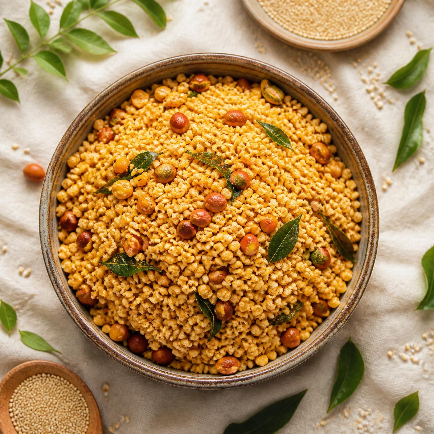 Bowl of golden roasted millet chivda with curry leaves