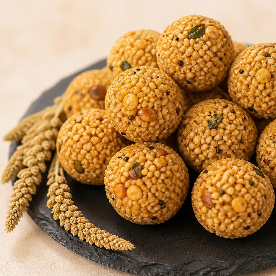 Roasted millet snack balls on a slate plate